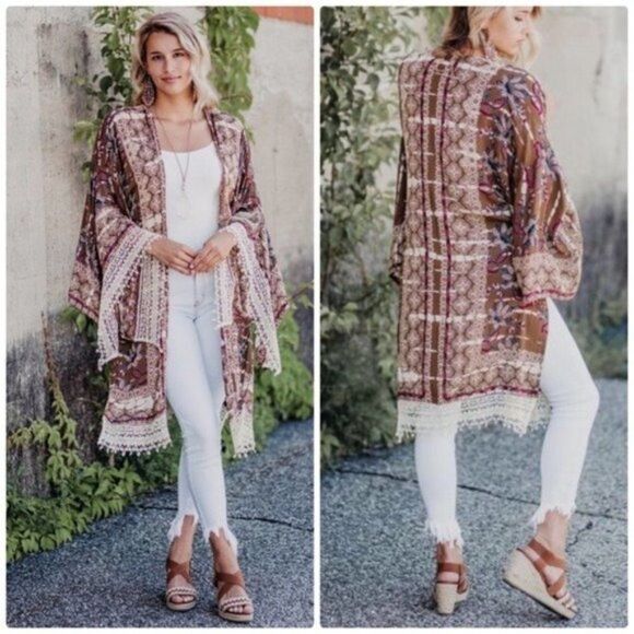 boho Kimono w Crochet Lace Detail & wide sleeves - Picture 8 of 13